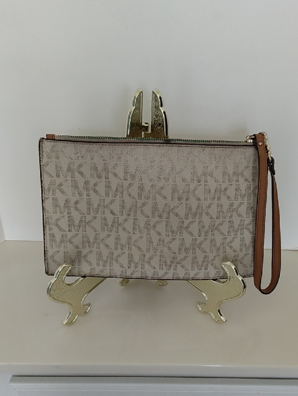 Michael Kors Beige MK Monogram Extra Large Zip Wristlet Wallet